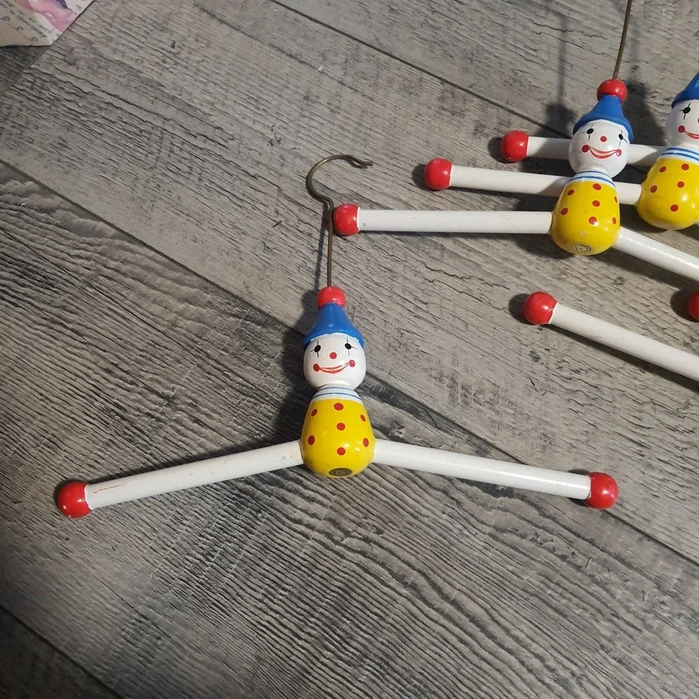 Vintage Painted Wooden Clown Small Clothes Hangers Set of 6 Made in Thailand
